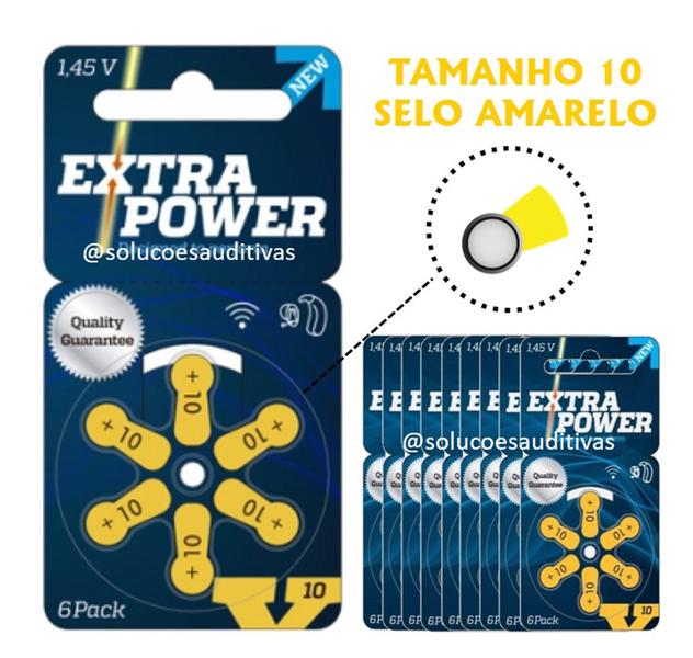 Imagem de 60 Pilhas / Baterias para Aparelho Auditivo - Extra Power - Tamanho 10 (selo amarelo)