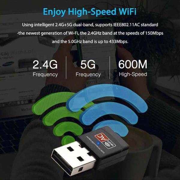 Imagem de 600Mbps Dual Band USB WiFi Wireless Dongle AC600 Lan Network Adapter 5GHz 2.4GHz