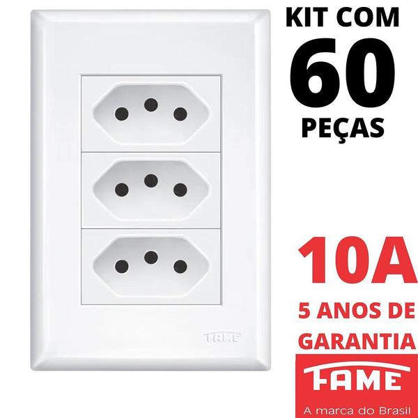 Imagem de 60un Tomada Padrão Tripla 2P+T 10A Com Placa Evidence FAME