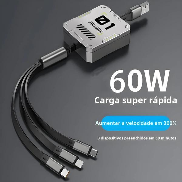 Imagem de 60W De Carregamento Rápido 3 Em 1 Cabo USB Multi Retrátil Para Dispositivos Lightning Android Type-C