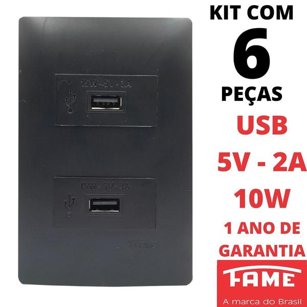 Imagem de 6un Tomada Dupla USB Bivolt 15W 5V 3A Com Placa Habitat Black FAME