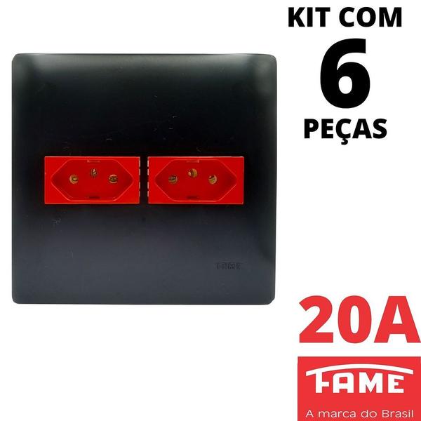 Imagem de 6un Tomada Padrão Dupla 2P+T 20A 4X4 Vermelha Com Placa Habitat Black FAME