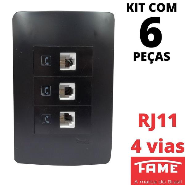 Imagem de 6un Tomada Telefone RJ11 4 Vias Tripla Com Placa Habitat Black FAME