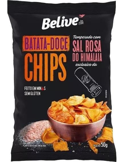 6x Batata Doce Chips Belive Com Sal Rosa Himalaia 50g Imagem de 6x Batata Doce Chips Belive Com Sal Rosa Himalaia 50g