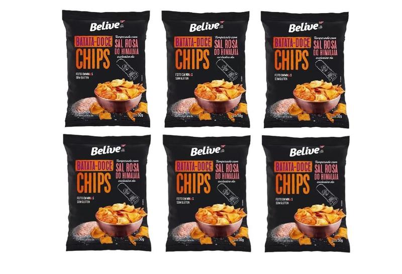 Imagem de 6x Batata Doce Chips Belive Com Sal Rosa Himalaia 50g