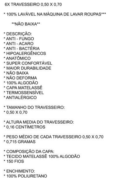 Imagem de 6x travesseiro branco acabamento confortavel hipoalergenico toque macio 0,50 x 0,70 fazenda 