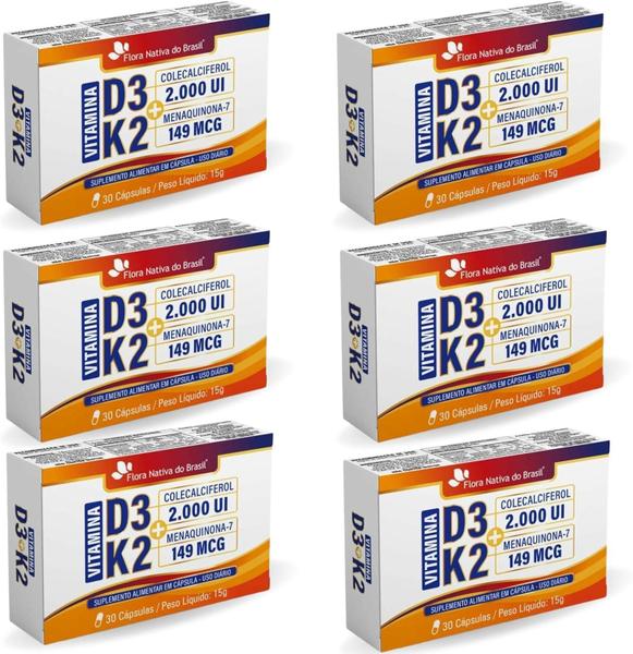 Imagem de 6x Vitaminas D3 + K2 30Caps (2000UI D3 e 149mcg K2) 500mg