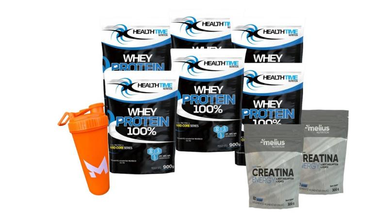 Imagem de 6x Whey Protein 100% 900g (5.4kg) + 2 Creatina 300g + COQUETELEIRA - HEALTH TIME