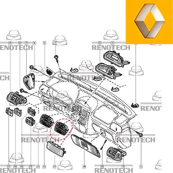 Imagem de 7702295370 - difusor de ar central - grade direita - para motores 1.0 8v d7d / 1.0 16v d4d / 1.6 8v k7m / 1.6 16v k4m - 2000 a 2016 - clio ii