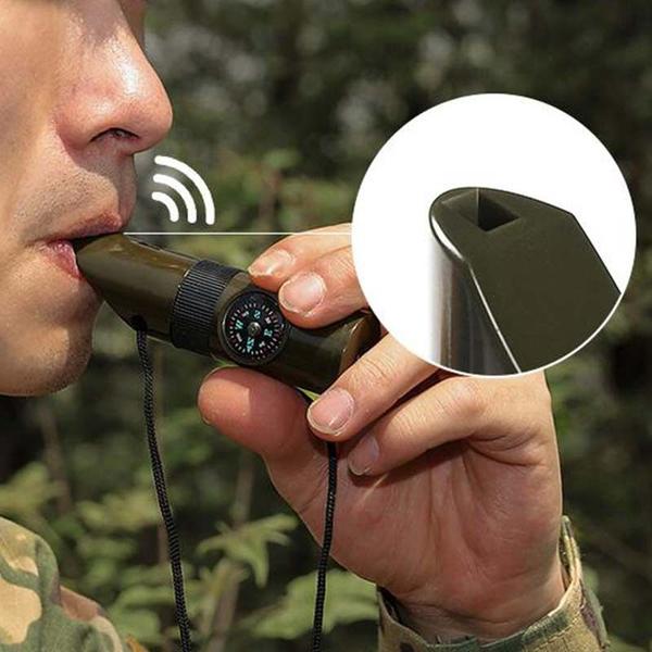 Imagem de 7in1 Emergência Survival Whistle Compass Multifunction Tool Magnifier Flashlight Storage Container Termômetro de recipiente para camping Bússola