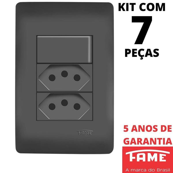 Imagem de 7un Interruptor Simples 10A e Tomada Padrão Dupla 2P+T 20A Com Placa Habitat Black FAME