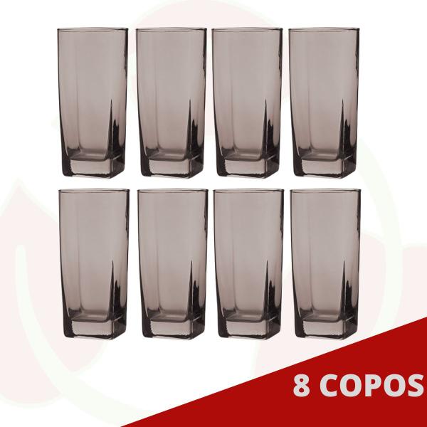 Imagem de 8 Copos Quadrado Vidro Cinza Bali Mesa Posta Suco 320ml