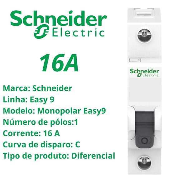 Imagem de 8 Disjuntores Unipolar Schneider 16A Tipo C Easy9 3kA