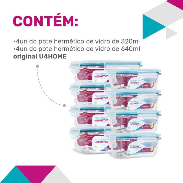 Imagem de 8 Potes Vidro Herméticos Tampa Silicone Vedação 640ml 320ml