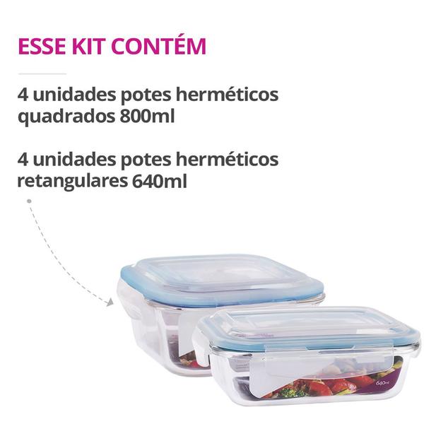 Imagem de 8 Potes Vidro Herméticos Tampa Silicone Vedação 640ml 800ml