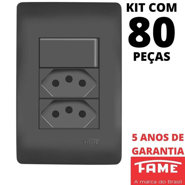 Imagem de 80un Interruptor Simples 10A e Tomada Padrão Dupla 2P+T 10A Com Placa Habitat Black FAME