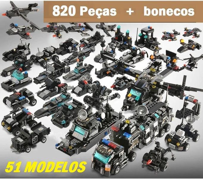 Imagem de 820 Peças Blocos de Montar Polícia Swat Mega Caminhão + Mega Robô + Mega Avião + 51 Veículos