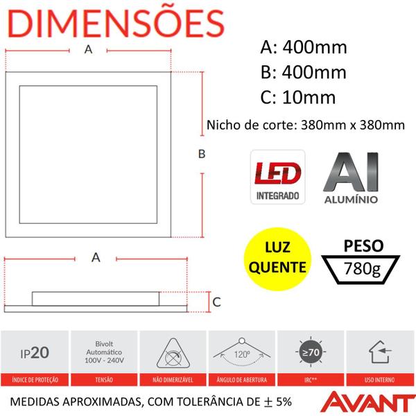 9 Plafon Led Quadrado Embutir 30w 40x40 Branco Quente 3000k - Avant Imagem de 9 Plafon Led Quadrado Embutir 30w 40x40 Branco Quente 3000k