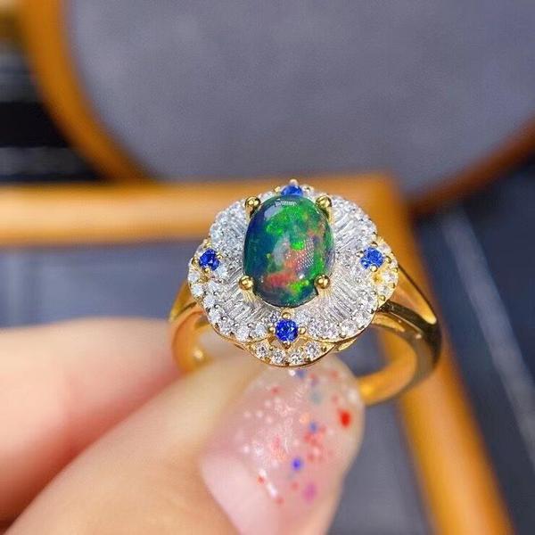 Imagem de 925 Sterling Silver Inlaid Natural Black Opal Girls Luxury Court Style Gold Color Gem Ring