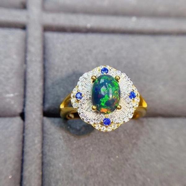 Imagem de 925 Sterling Silver Inlaid Natural Black Opal Girls Luxury Court Style Gold Color Gem Ring