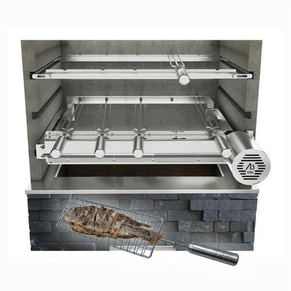 Imagem de A3 Grill Ajustável - Motor Giratório para 5 Espetos + Suporte Ajustável + 3 Grelhas Moeda + Espeto Grelha