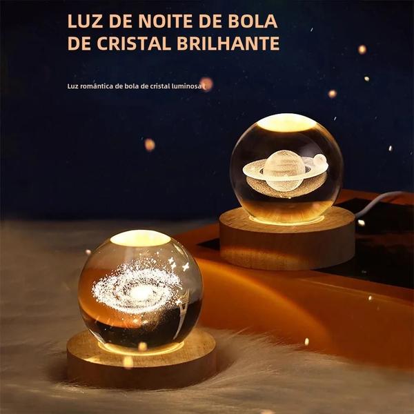 Imagem de Abajur 3D LED Bola de Cristal - Luz Noturna com Design de Galáxia, Lua e Planetas