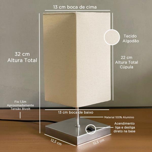 Imagem de Abajur Alumínio Quadrada Interruptor liga e desliga Bivolt Com Cúpula Algodão kit 2
