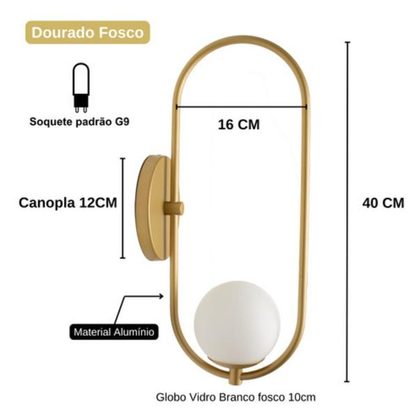 Imagem de Abajur Arandela Oval Arco Dourado Interruptor Branco + Led