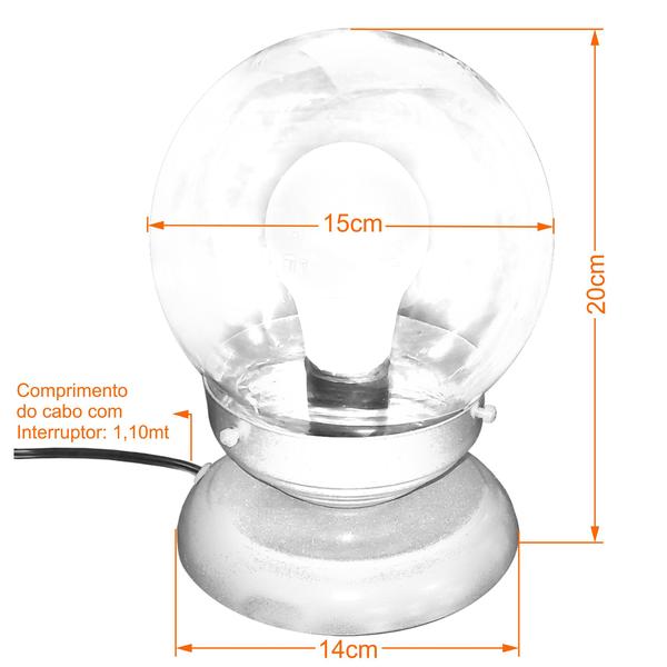 Imagem de Abajur Bola de Cristal Branco C/Esfera 10x15 Branco brilho