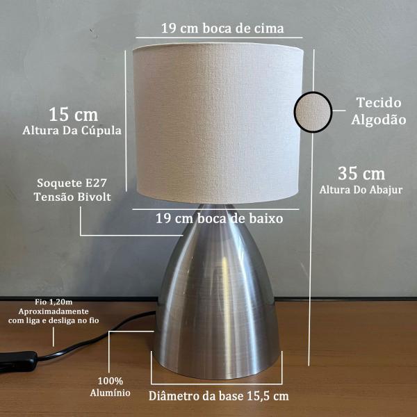 Imagem de Abajur Clássico de Alumínio Escovado 110v/220v Com Cúpula Tecido Algodão