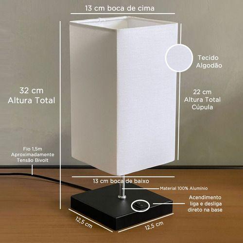 Imagem de Abajur de Mesa Quadrado Escovado Liga/Desliga na base bivolt + Cupula Tecido algodão E27