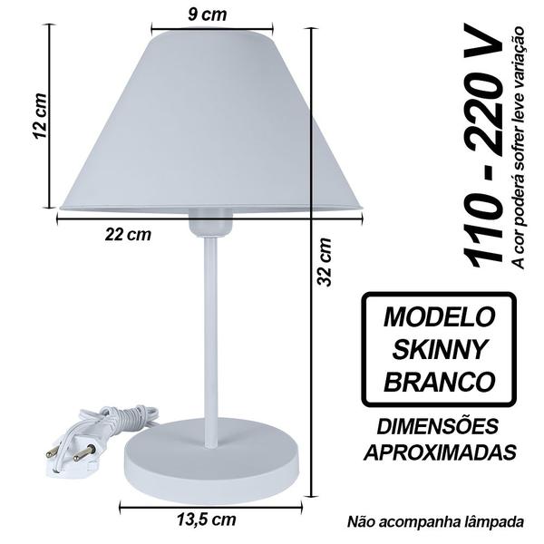 Imagem de Abajur Infantil Luminária de Mesa Fino Decoração Quarto  Skinny Base Branca Cúpula Branca