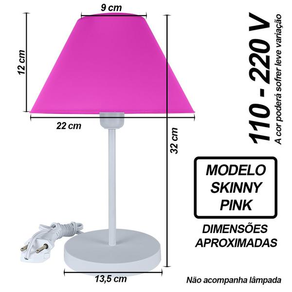 Imagem de Abajur Infantil Luminária de Mesa Fino Decoração Quarto  Skinny Base Branca Cúpula Pink