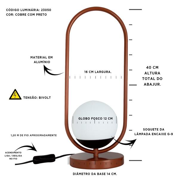 Imagem de Abajur luminaria de Mesa Luxo Tubo Oval + Vidro Globo bivolt E27