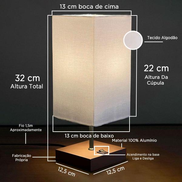 Imagem de Abajur Luminaria de Sala Quarto MDF + Cupula Tecido algodão Bivolt E27