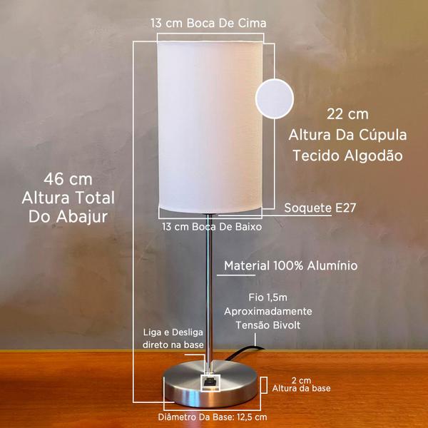 Imagem de Abajur Luminária Escovado Acendimento liga/desliga Com Cúpula Algodão - BRANCO