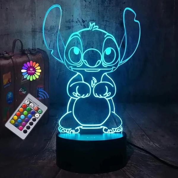 Abajur Noturno 3D Stitch USB - Touch e Controle Remoto - Decoração Disney Abajur Noturno 3D Stitch USB - Touch e Controle Remoto - Decoração Disney