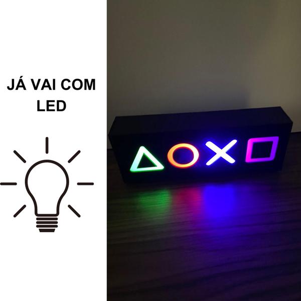 Imagem de Abajur PLAY Luminária de mesa LED Gamer Geek MDF PSN Símbolos LED