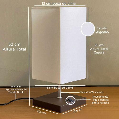 Imagem de Abajur Quadrado Alumínio Escovado Com Base Liga e desliga Com Cúpula Algodão