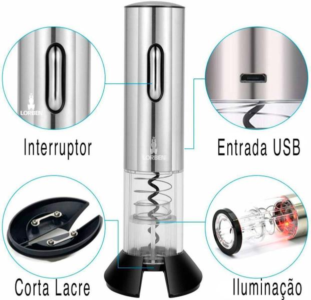 Imagem de Abridor De Vinho Elétrico Saca Rolha Recarregável Usb Lorben