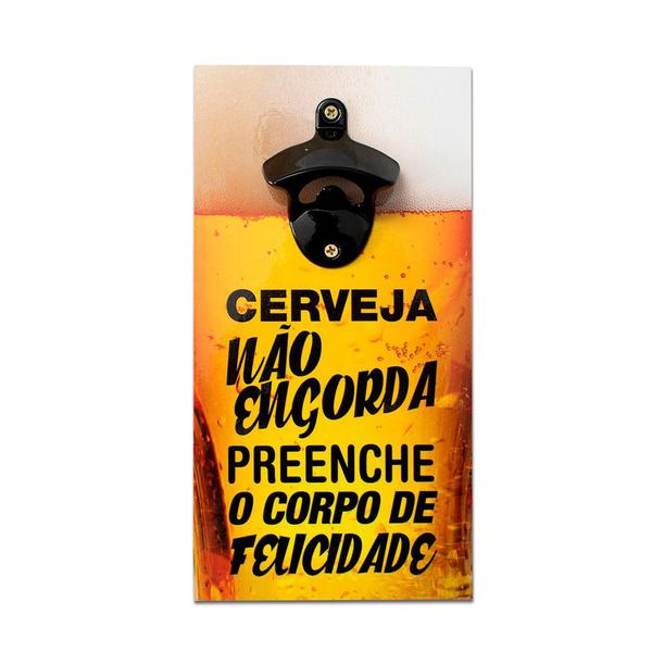 Imagem de Abridor Garrafas Parede Frase Felicidade Mdf c/ Imã 25x13 Cm