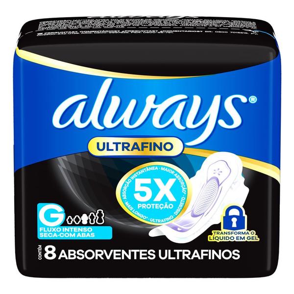 Imagem de Absorvente Always Noturno Ultrafino Seca Tamanho G com Abas 8 Unidades