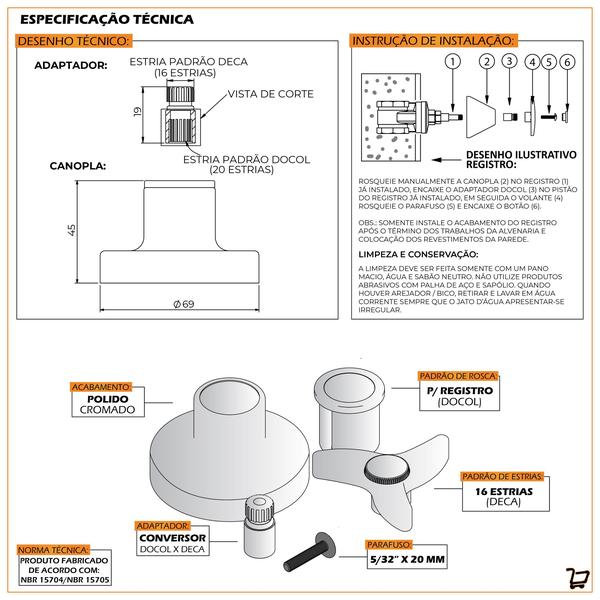 Imagem de Acabamento Banheiro Lavatório Registro Padrão Docol 1.1/4 E 1.1/2 Pressão e Gaveta Cromado Luxo C54