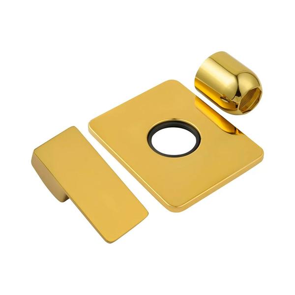 Imagem de Acabamento de metal dourado gold brilhante quadrado para registro monocomando de 1/2 ou 3/4 deca para chuveiro banheiro.