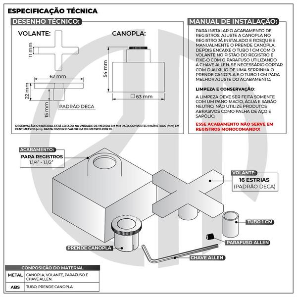 Imagem de Acabamento Para Registro Geral 1.1/2 50mm 1.1/4 Chuveiro Banheiro Quadrado Cruzeta Cromado Padrão Deca