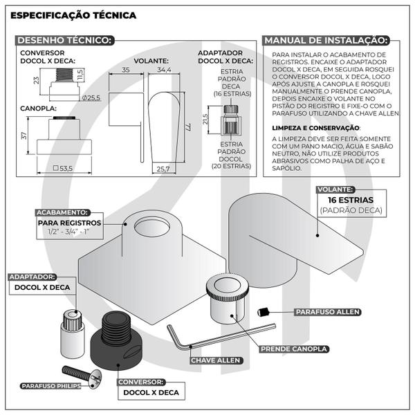 Imagem de Acabamento Para Registro Quadrado Alavanca Corten Chuveiro Banheiro Padrão Docol