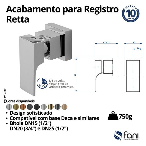 Imagem de Acabamento Registro Base Deca 3/4 Retta 509CH330 Champanhe Fani