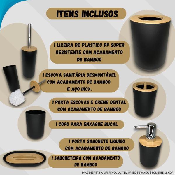 Imagem de Acessórios de Banheiro Com 6 Peças em Preto e Bamboo Ideal Para Presente