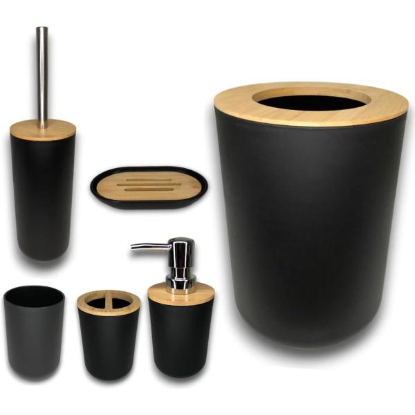 Imagem de Acessórios de Banheiro em Bamboo e Preto Kit Com 6 Peças Satisfação Garantida