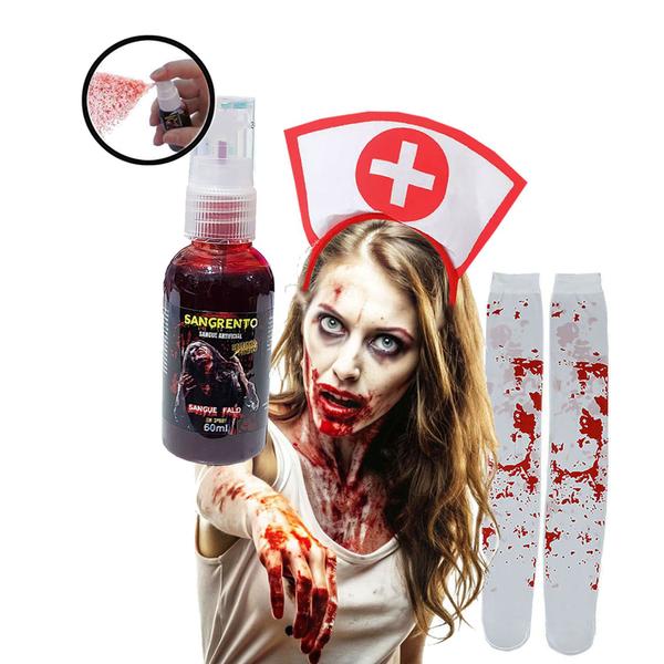 Imagem de Acessórios Fantasia Enfermeira Halloween: Meia 7/8 Branco Sangue + Estetoscópio + Tiara + Sangue Spray = 4 Produtos